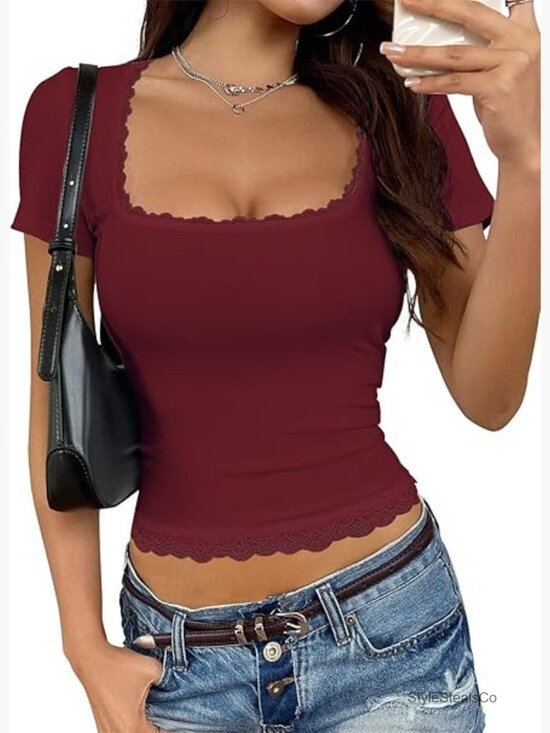 Tops - Square Neck Crop Top Short Sleeve Slim Fit Blouse Y2K Going Out Tee